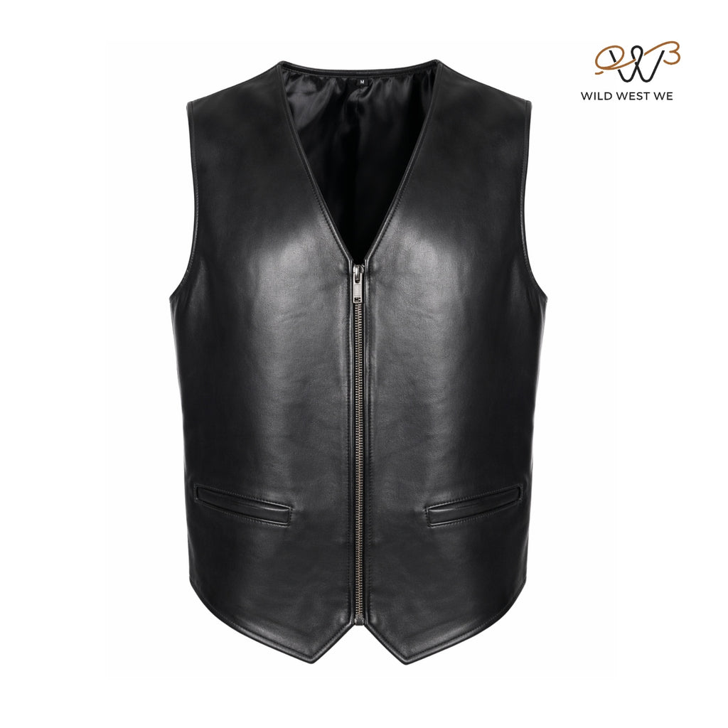 Men’s Classic Black Leather Vest Zip Front