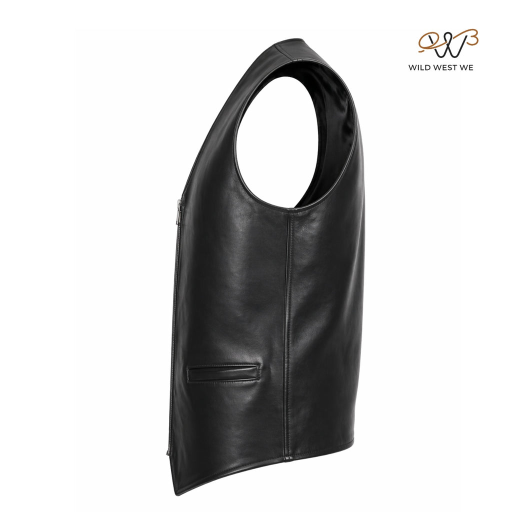 Men’s Classic Black Leather Vest Zip Front