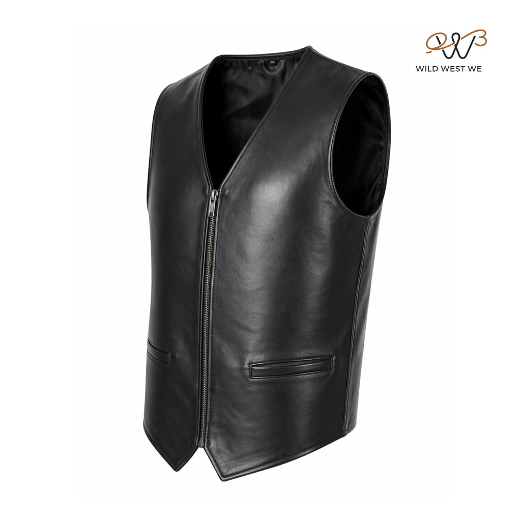 Men’s Classic Black Leather Vest Zip Front