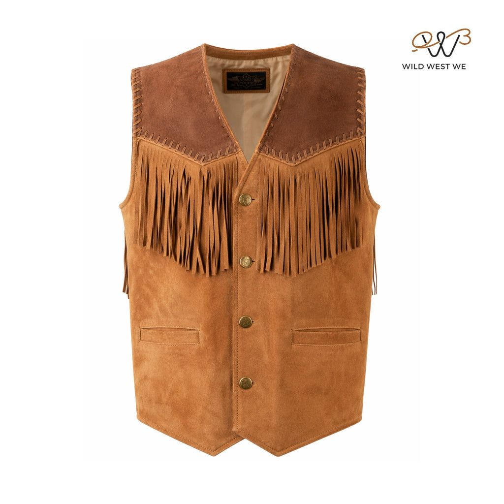 Men’s Western Fringe Suede Leather Vest Tan