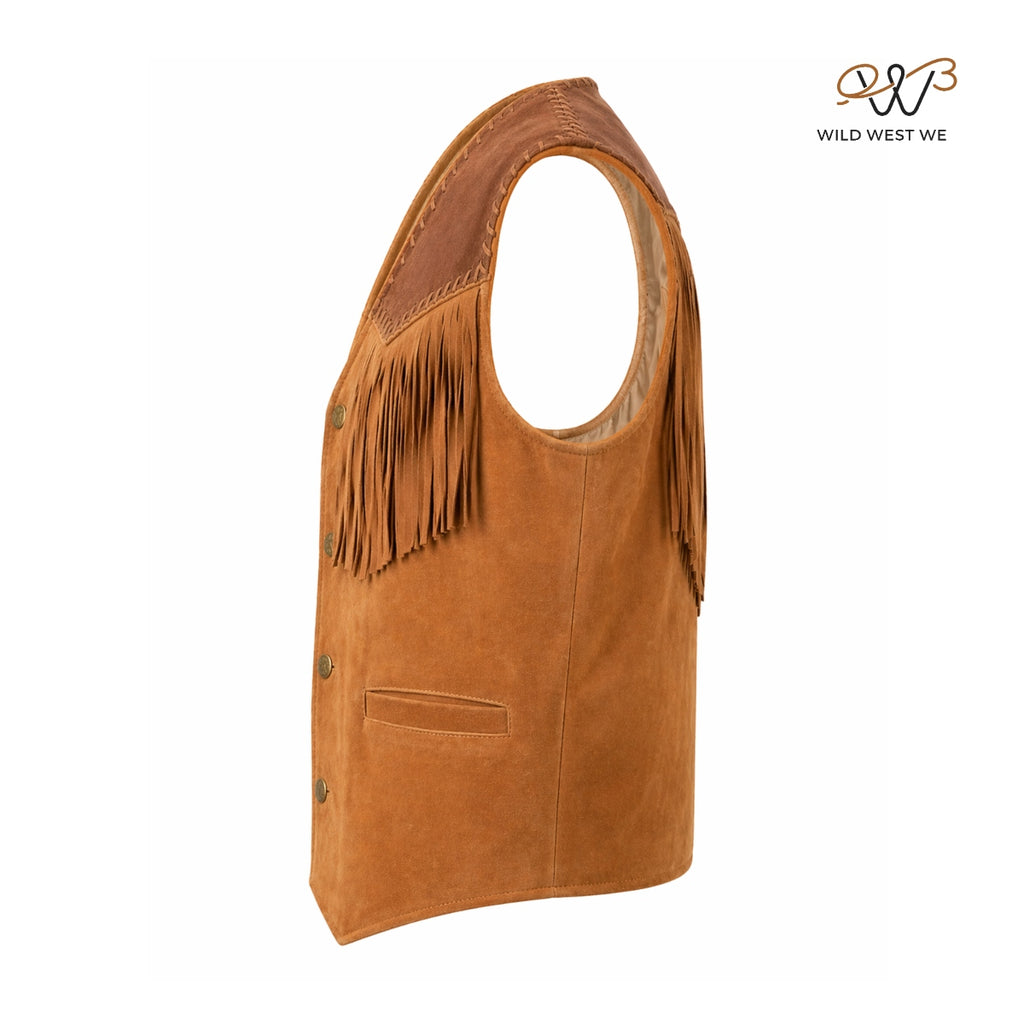 Men’s Western Fringe Suede Leather Vest Tan