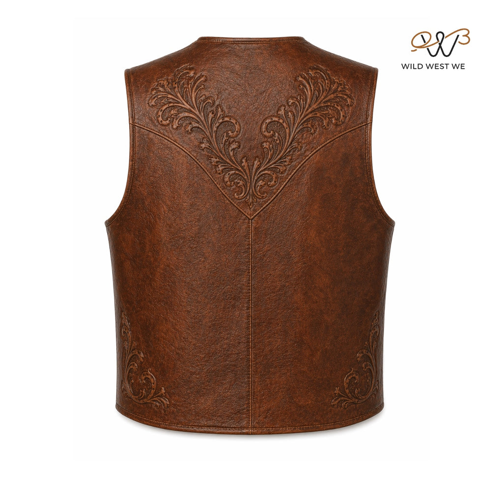 Men’s Tooled Western Leather Vest with Embossed Detailing