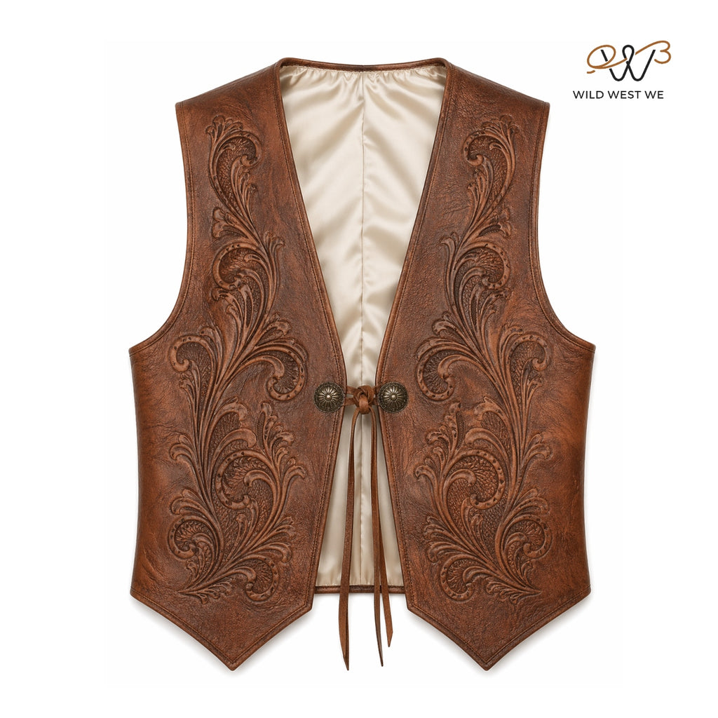 Men’s Tooled Western Leather Vest with Embossed Detailing