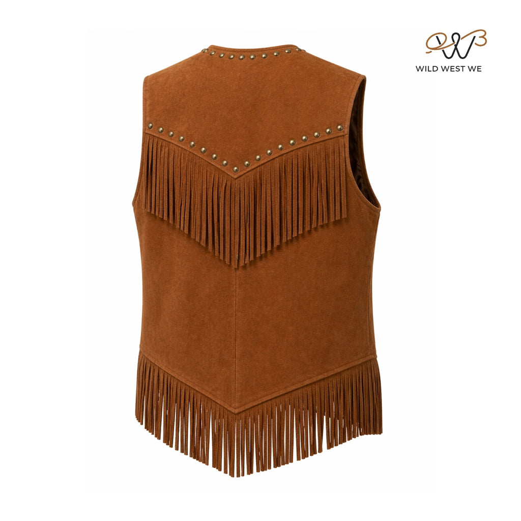 Men’s Western Suede Leather Fringe Vest with Stud Detailing