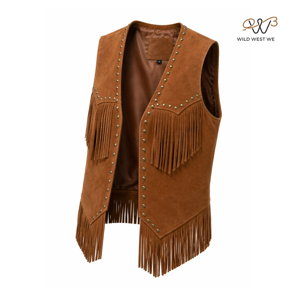 Men’s Western Suede Leather Fringe Vest with Stud Detailing