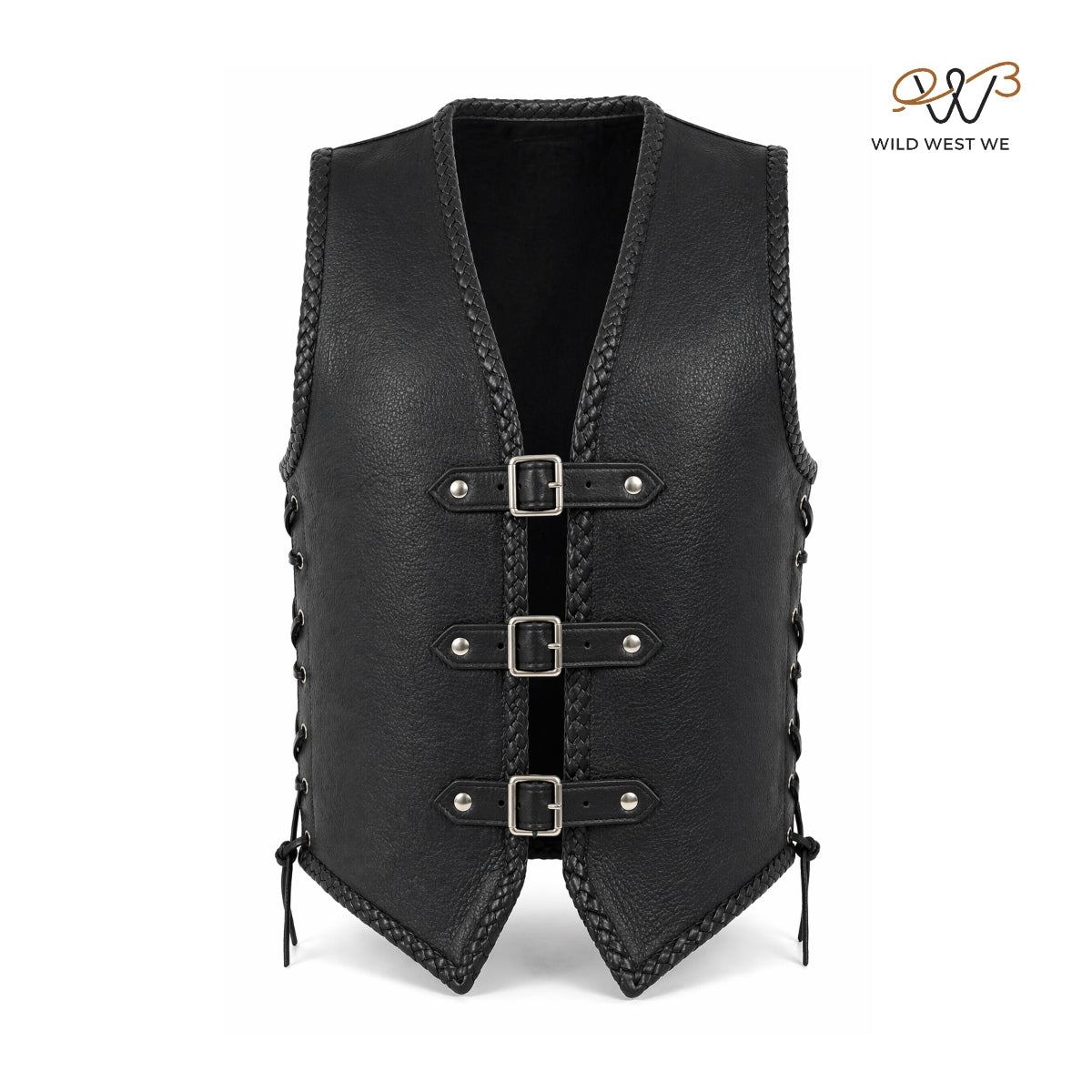 Men’s Black Rugged Leather Vest with Buckle Front