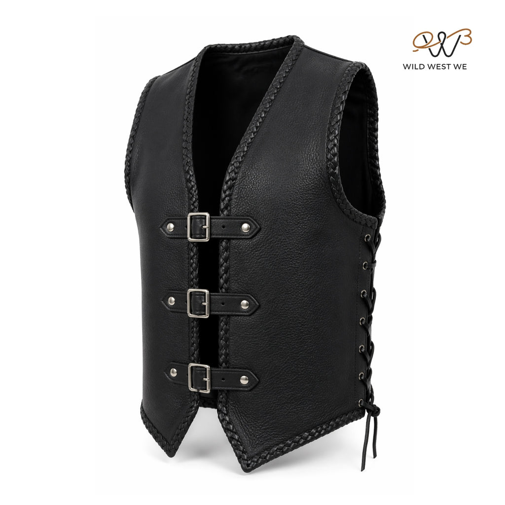 Men’s Black Rugged Leather Vest with Buckle Front