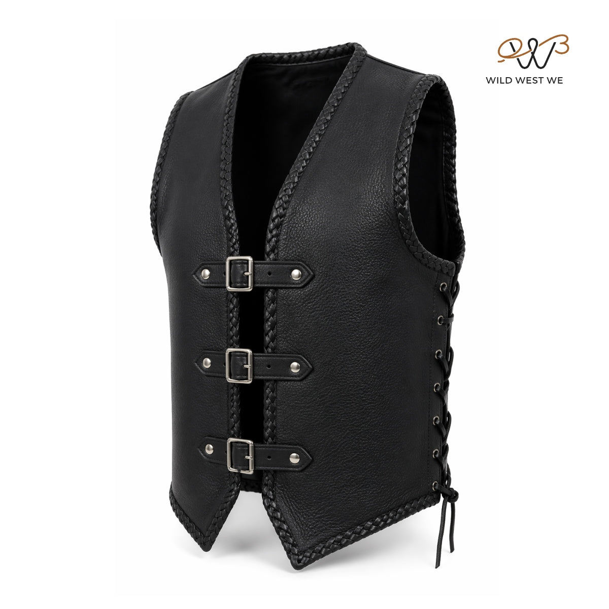 Men’s Black Rugged Leather Vest with Buckle Front