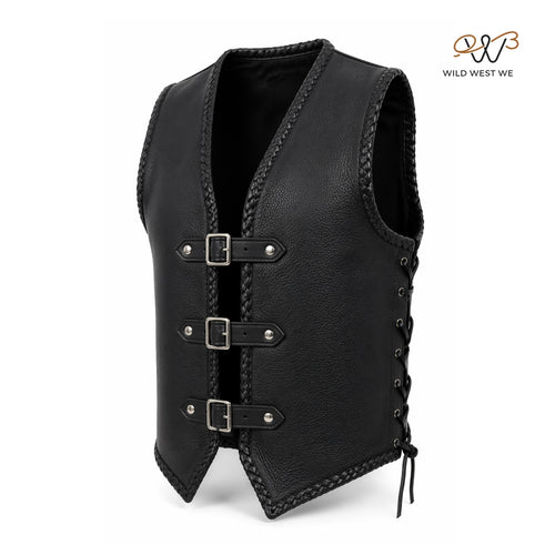 Men’s Black Rugged Leather Vest with Buckle Front