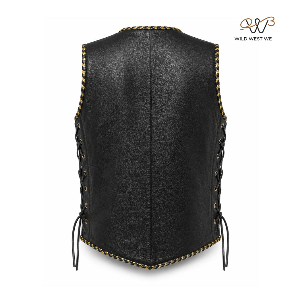 Men’s Black Braided Leather Vest with Buckle Front