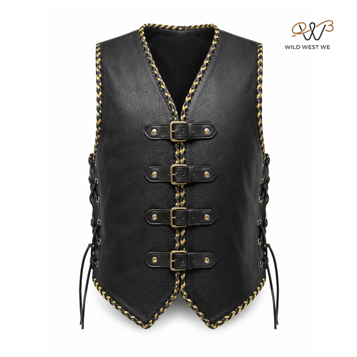Men’s Black Braided Leather Vest with Buckle Front
