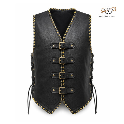 Men’s Black Braided Leather Vest with Buckle Front