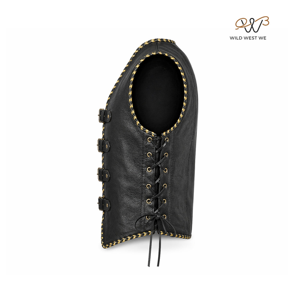 Men’s Black Braided Leather Vest with Buckle Front
