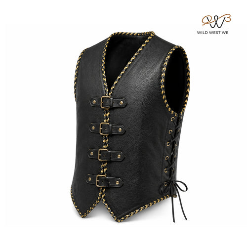 Men’s Black Braided Leather Vest with Buckle Front
