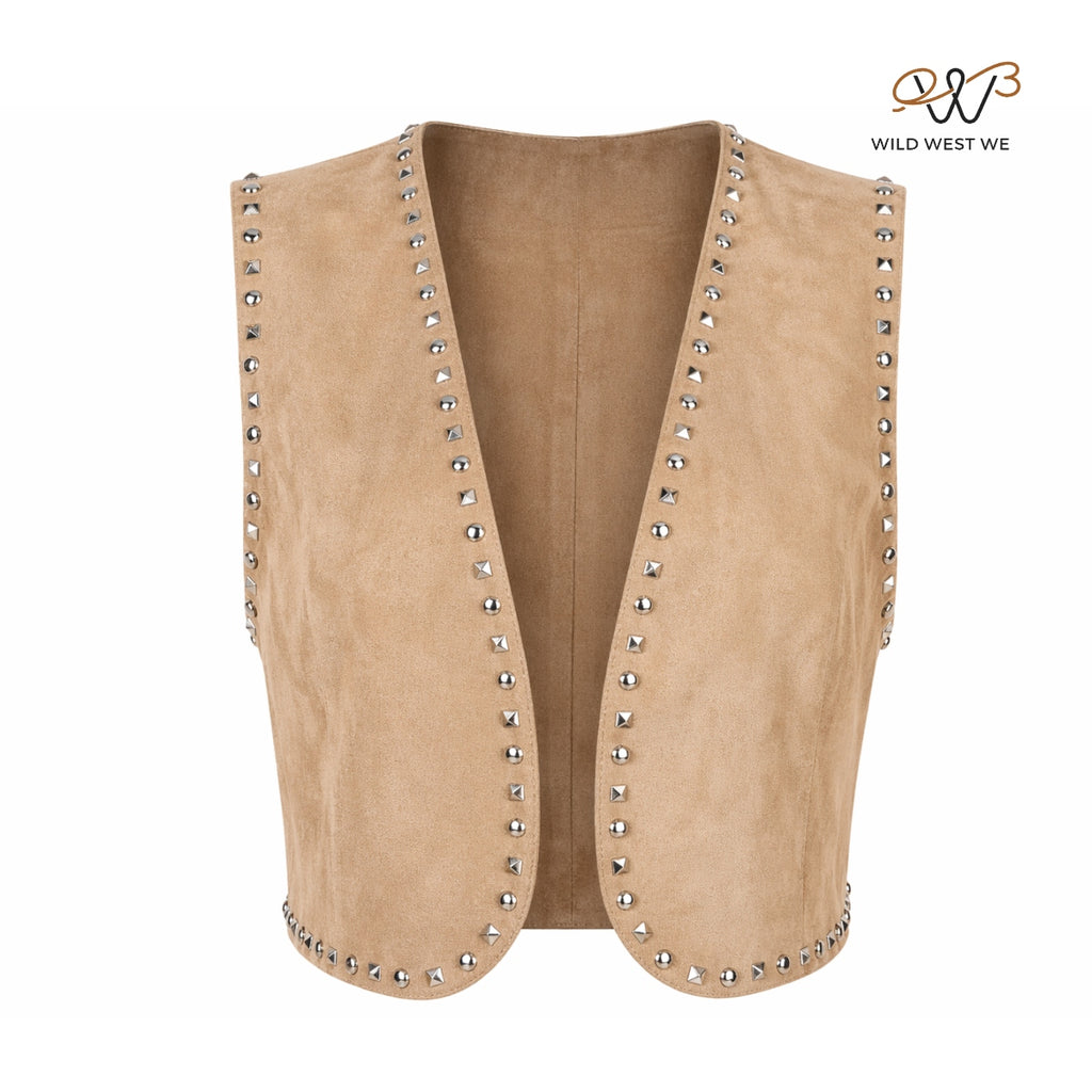Women’s Beige Suede Leather Studded Vest