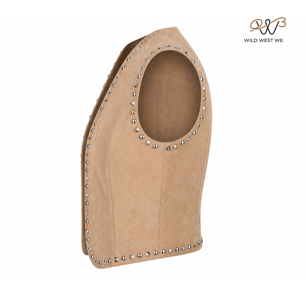 Women’s Beige Suede Leather Studded Vest