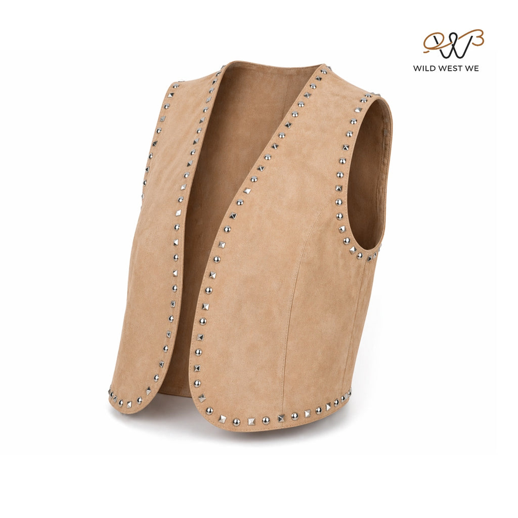 Women’s Beige Suede Leather Studded Vest