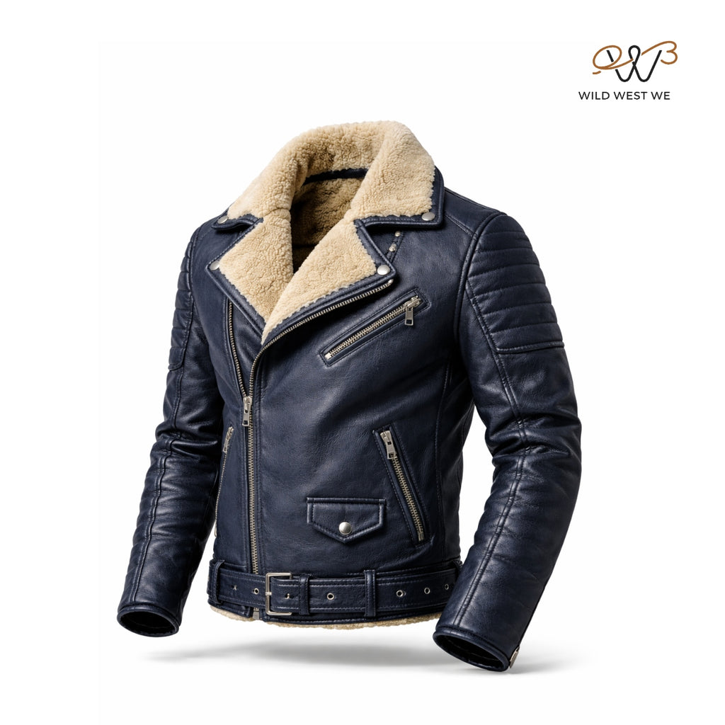 Men’s Black Shearling Biker Leather Jacket