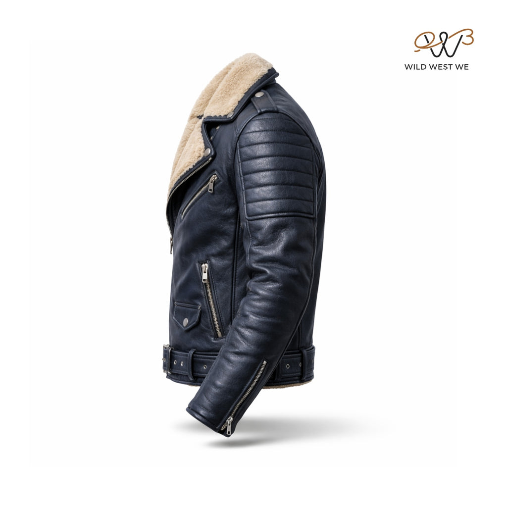 Men’s Black Shearling Biker Leather Jacket