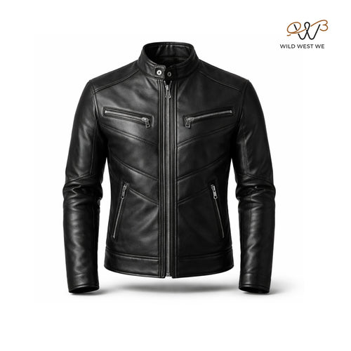 Men’s Black Chevron Panel Leather Jacket