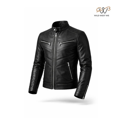 Men’s Black Chevron Panel Leather Jacket