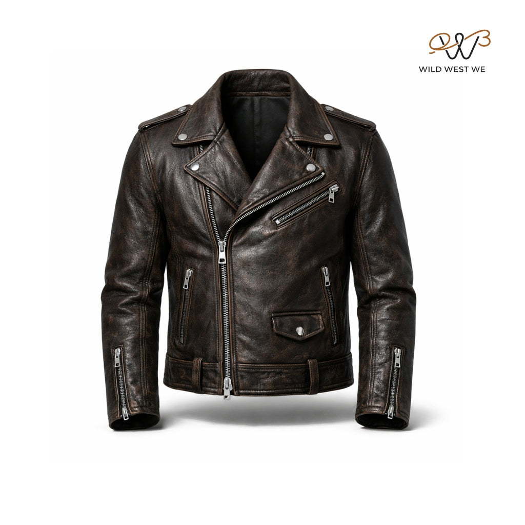 Men’s Distressed Brown Biker Leather Jacket